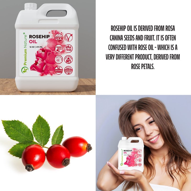Premium Nature Rosehip Oil For Face for Women, Rosehip Seed Pure Cold Pressed Unrefined For Hair and Nails Skin Care Moisturizer, Rose Hips Face Oils and Serums 16 oz