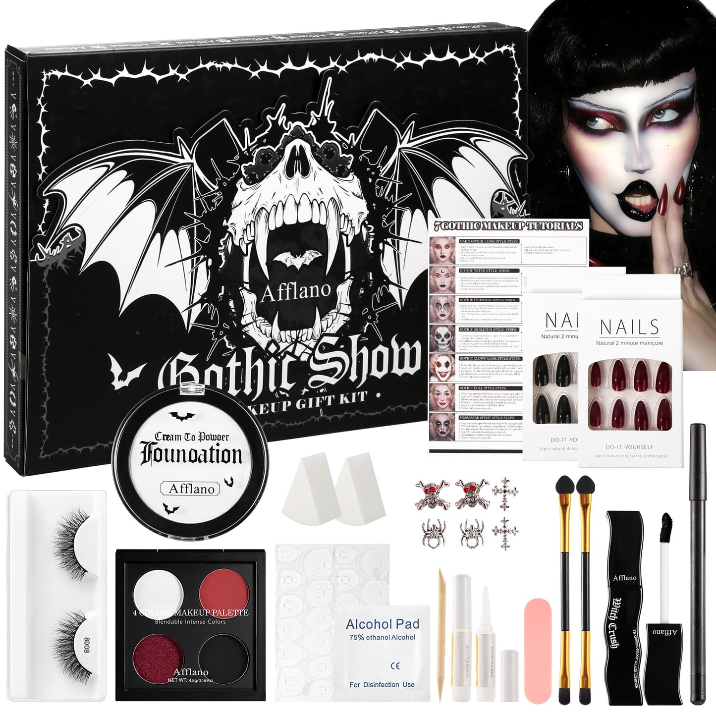 Goth Makeup Kit – Complete Gothic Make up Set for Vampire, Witch, Clown, Emo, Grunge, Theater, Halloween SFX with White Foundation, Red Eyeshadow Palette, Black Lipstick, Eyelashes, Eyeliner, Nails