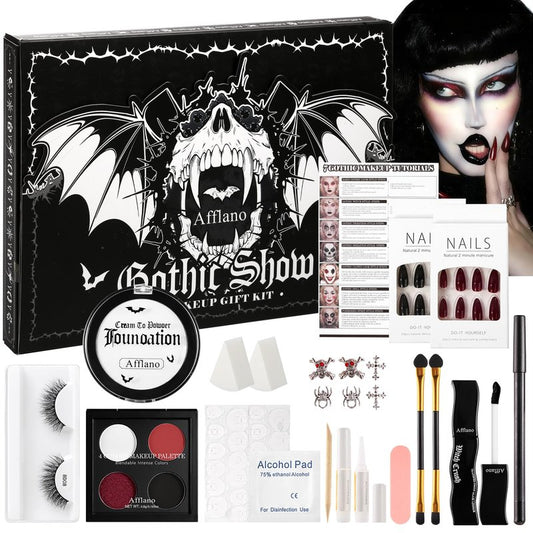 Goth Makeup Kit – Complete Gothic Make up Set for Vampire, Witch, Clown, Emo, Grunge, Theater, Halloween SFX with White Foundation, Red Eyeshadow Palette, Black Lipstick, Eyelashes, Eyeliner, Nails