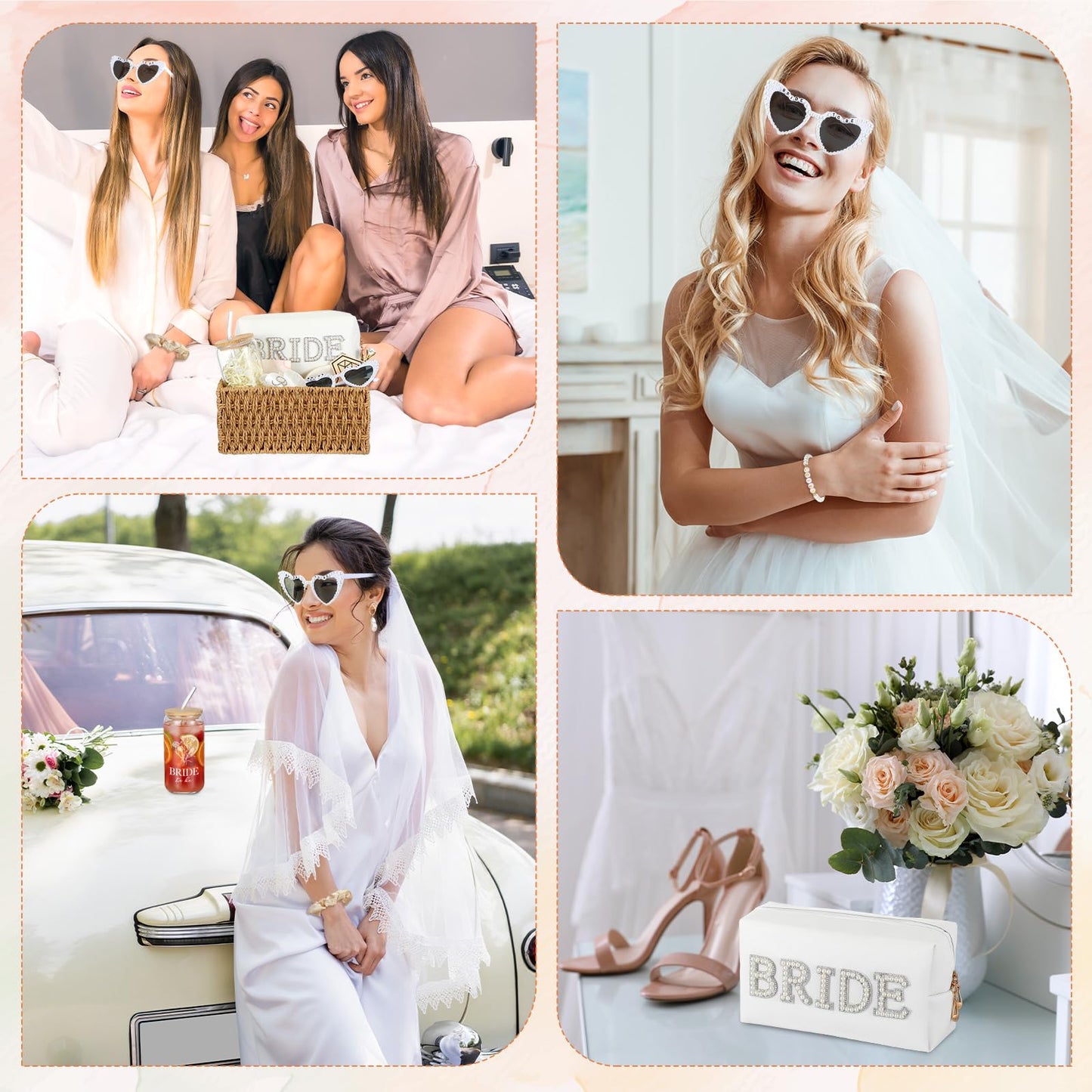 LemonRoad 11 Pcs Bride Gifts Basket Set for Bridal Shower Bachelorette Party Heart Glasses Glass Cup Makeup Bag Bracelet Claw Clip Scrunchies Card Bride to Be Box Wedding Engagement Gifts for Her