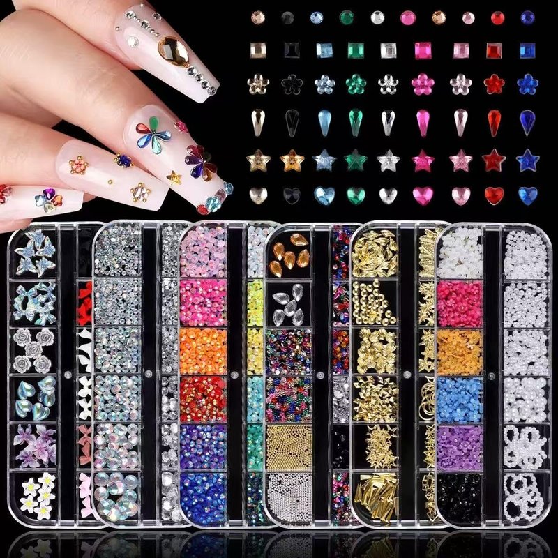 6 Box Nail Charms and Gems, Fruit Bow Hawaii Flowers Petals 3D Nail Art Charms and Flower Nail Art Stickers, Charms Y2K for Nails, Colorful Bubble Beads Nail Rhinestones