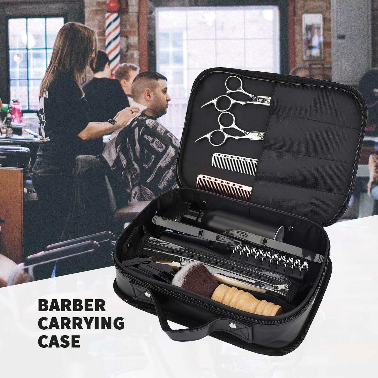 Segbeauty Barber Tool Bag, 10.8 x 14.6in PU Leather Travel Makeup Toiletry Carrying Case, Hair Styling Cutting Kit Storage Organizer for Dryer Clipper Shears Combs Cosmetics Salon Beauty Supplies