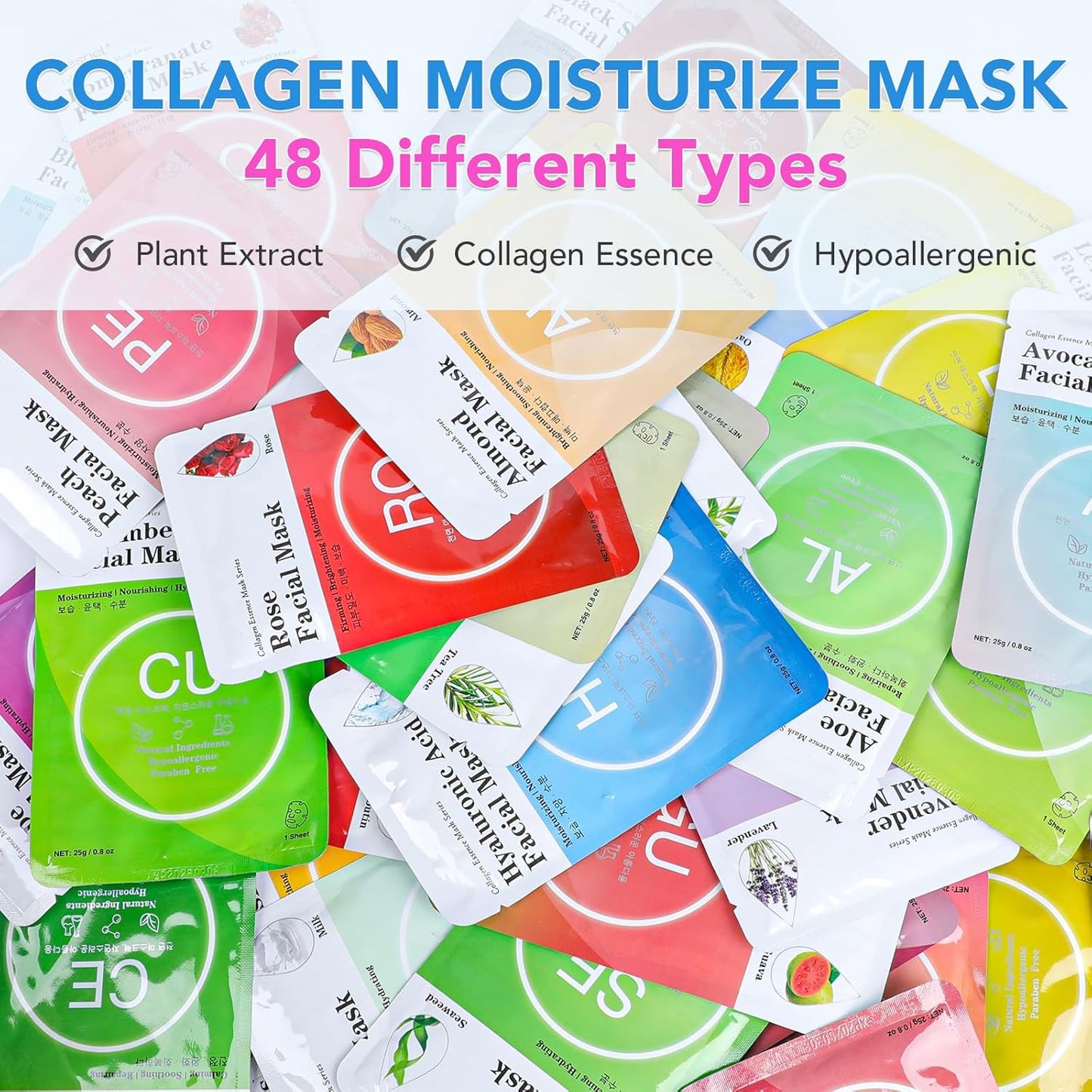 Collagen Essence Sheet Facial Masks - Moisturizing Plant Extracts | 48 Packs, All Skin Types, Korean Spa Treatment