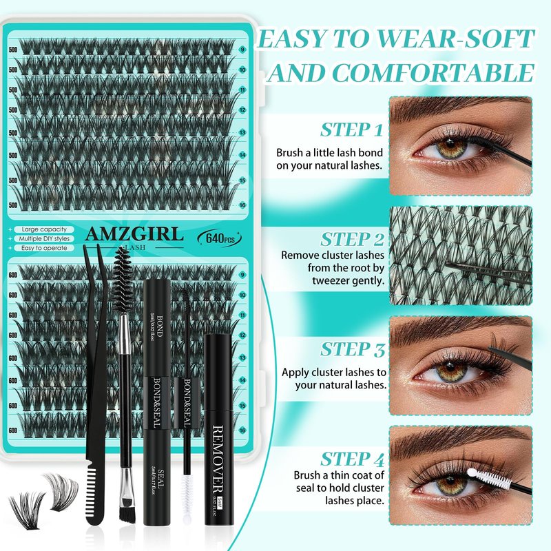 Lash Clusters Kit 640Pcs, 30D+40D+50D+60D Eyelash Extension Kit, Lash Bond and Seal Waterproof, Lash Remover, Lash Applicator Tool and Function Brush for DIY Lash Extension Kit(D-Mix9-16mm Kit)