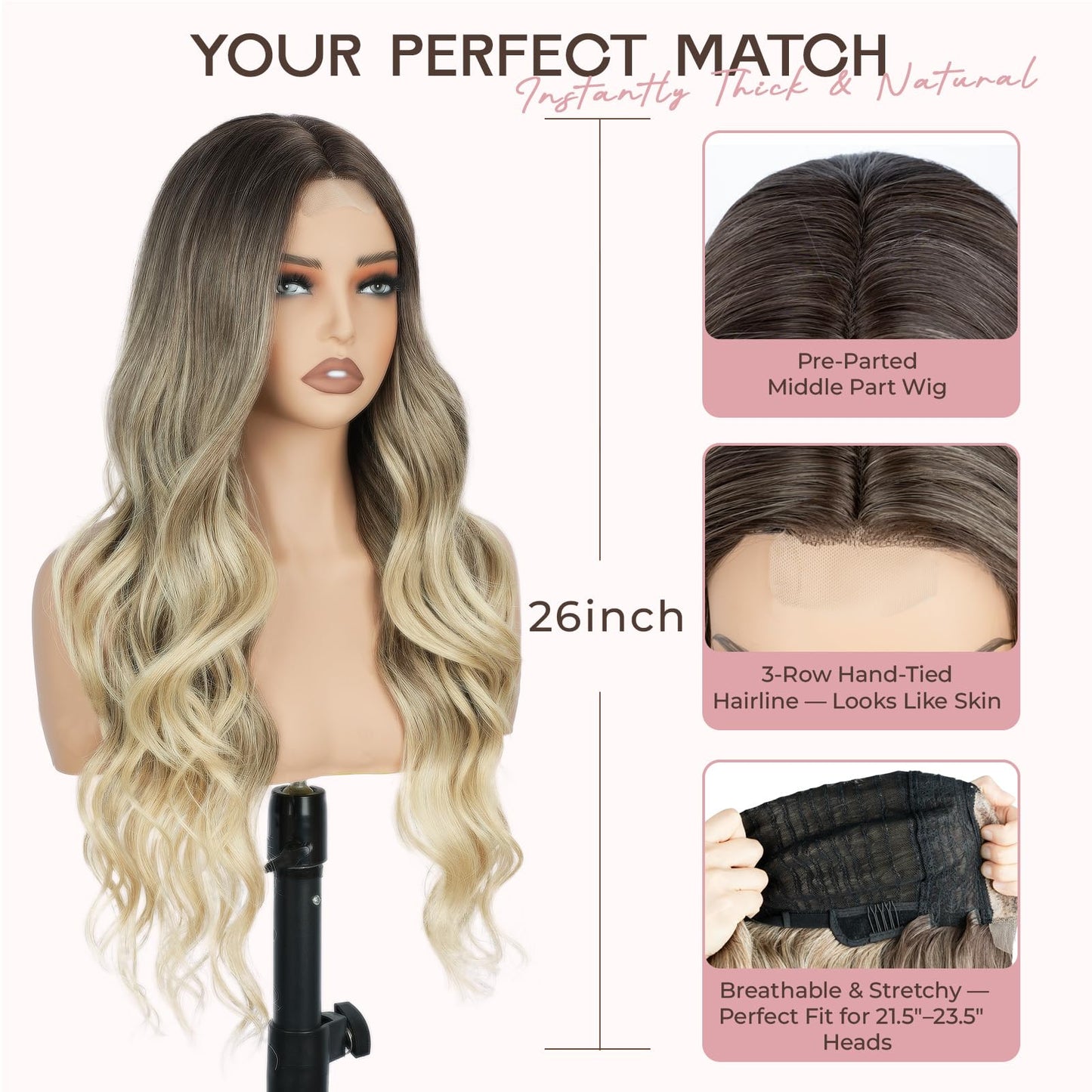 Long Wavy Wig for Women, 26 Inch Synthetic Lace Hairline Ombre Blonde Wigs, Natural-Looking Secure Fit, Soft Heat Resistant Fiber