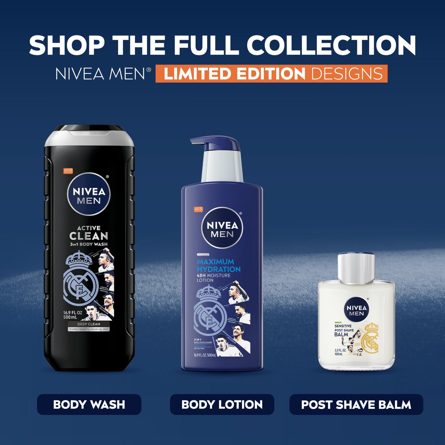 NIVEA MEN Real Madrid Limited Edition Design Sensitive Post Shave Balm, with VitaminPro Complex, Alcohol Free After Shave Balm for Men, 3.3 Fl Oz Bottle, Pack of 3
