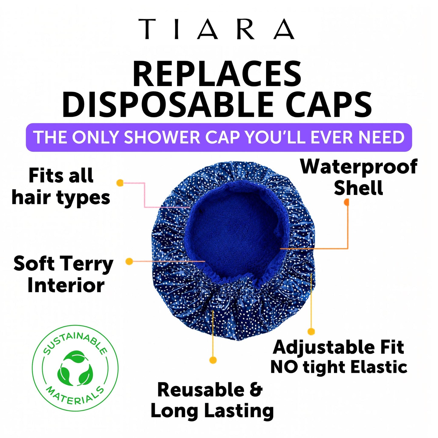 TIARA Reversible, Reusable, Waterproof Shower Cap – Large Shower Cap for Long. Short, Braided, or Thick Hair, Reversible Deep Conditioning Hair Cap, Soft Terry Lined, Machine Washable (Blue Dots)