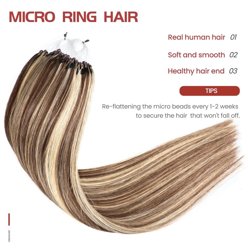 Micro Bead Hair Extensions Human Hair 1g/Strand Micro Link Hair 50g Loop Ring 14 Inch, 4/613 Medium Brown Mix With Blond Bead Hair Extensions
