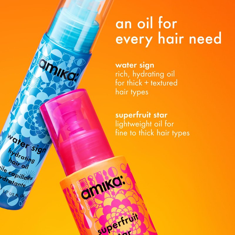 amika superfruit star lightweight hair styling + heat defense oil, 20ml | heat protection, strengthen + reduce breakage, smooth frizz, add glossy shine