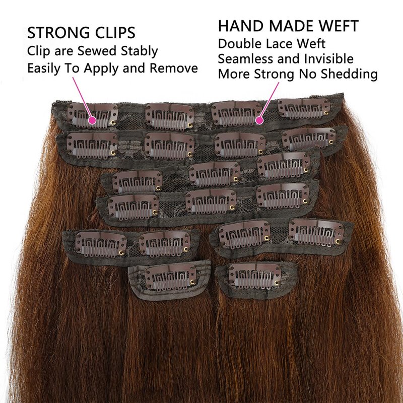 18 Inch Brown Kinky Straight Clip in Hair Extensions Real Human Hair for Black Women Yaki Straight Clip ins unprocessed Brazilian Remy Human Hair Extensions Yaki clip ins hari extensions double weft