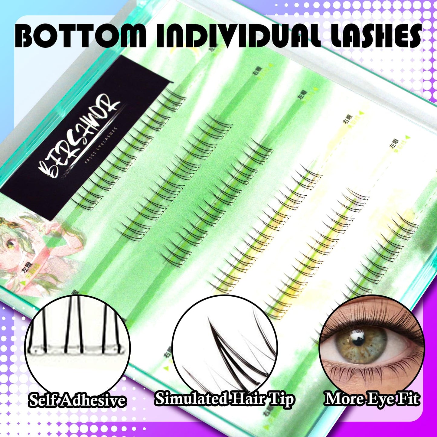 BERSHNOR Bottom Lashes Clusters Self Adhesive Bottom Eyelashes Natural Looking Lower Lashes DIY Glue-Free Individual Lashes Bottom Extensions