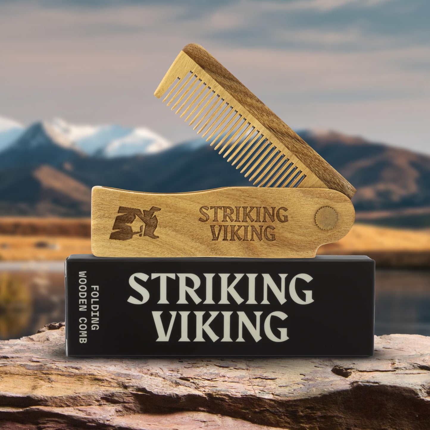 Beard Folding Wooden Comb and 4 Pack Beard Oil for Men - By Striking Vikings