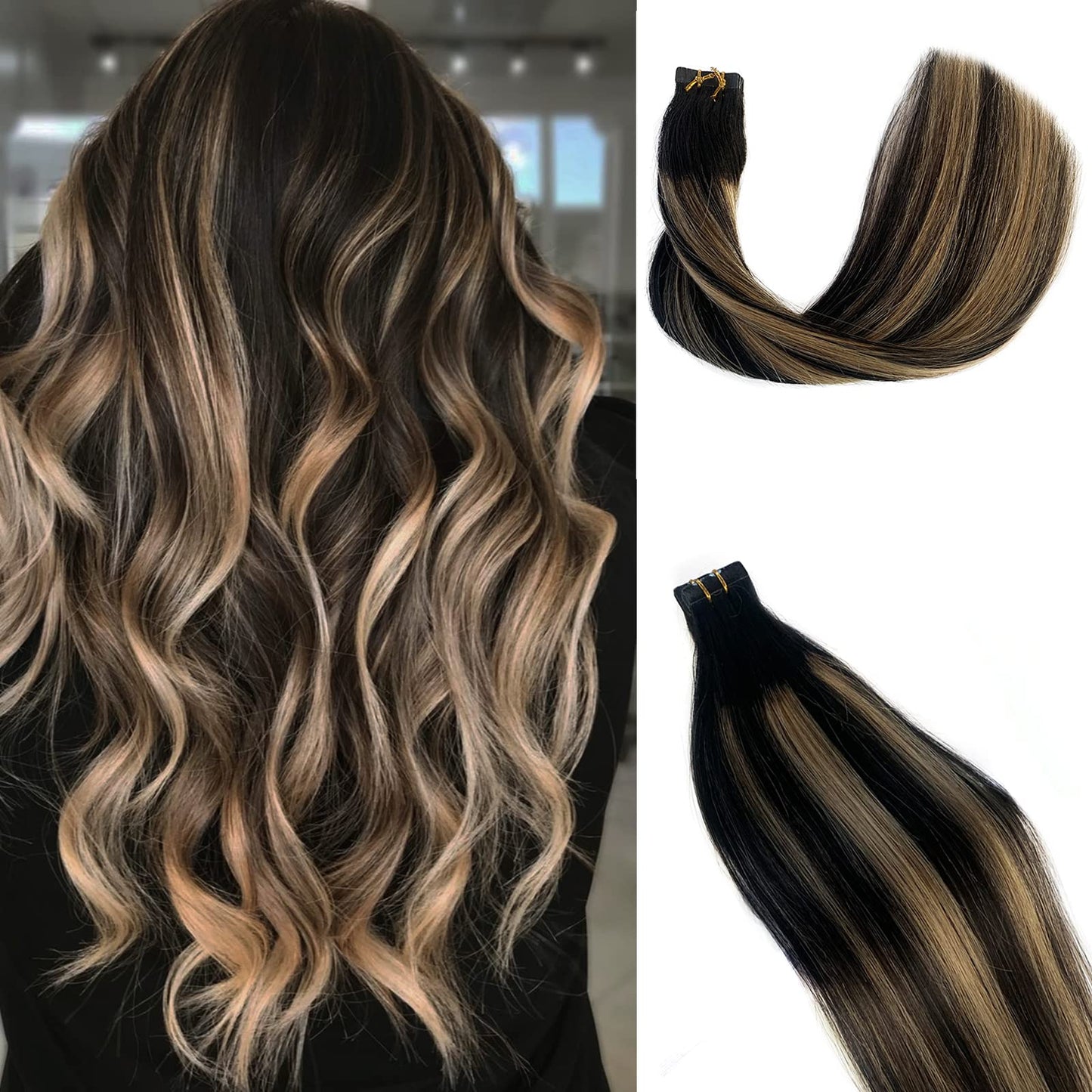 Balayage Blonde Highlights Tape in Human Hair Extensions 18Inch Ombre Natural Black with Strawberry Brown 100% Remy Tape in Hair Extensions Seamless Soft Straight 40g/20pcs