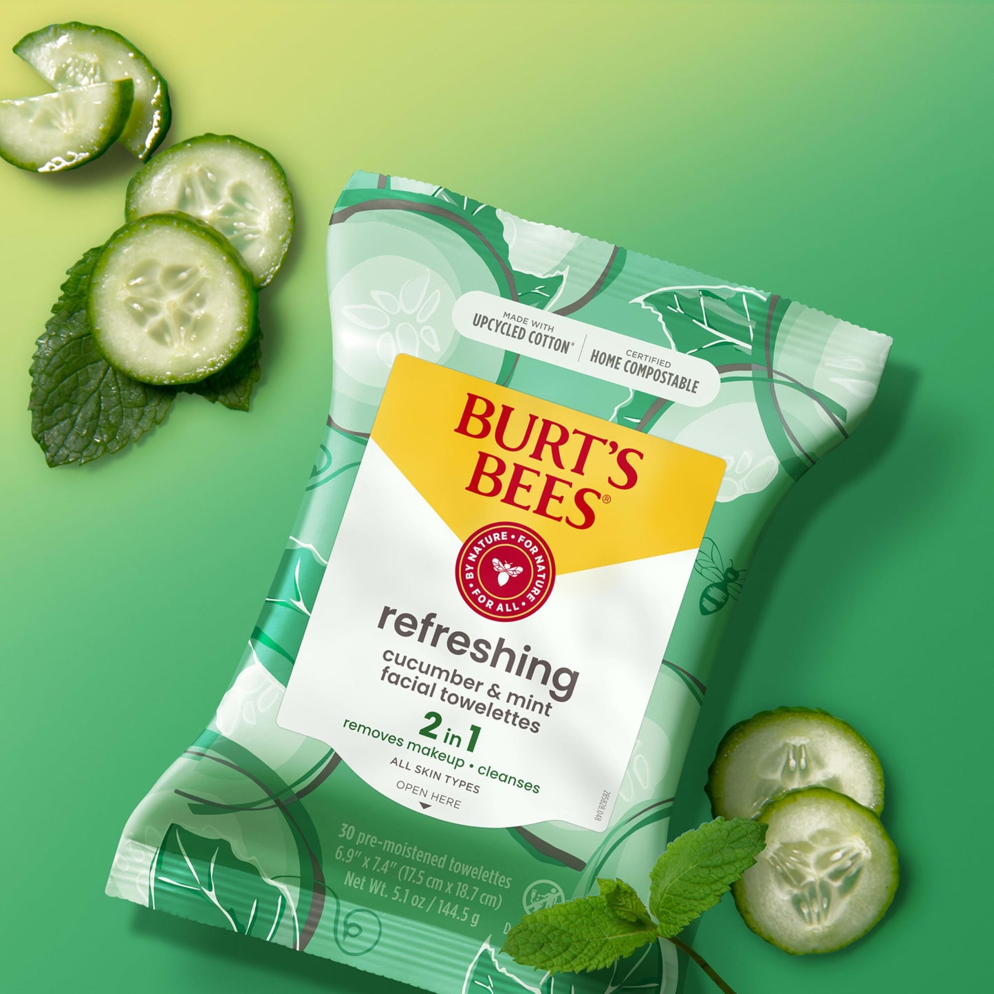 Burt's Bees Cucumber & Mint Face Wipes, for All Skin Types, Refreshing Makeup Remover & Facial Cleansing Towelettes, 30 Ct. (Pack of 6)