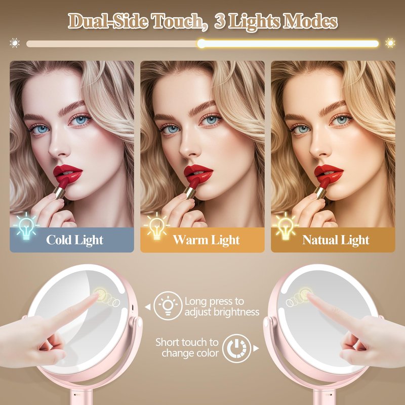 MOMOKUBA Makeup Mirror with Lights, Double Sided 1x/30x Magnifying Mirror with Light, Rechargeable 3 Color Lights and Adjustable Brightness, 360° Rotation Detachable Comes with Tweezer(Pink-30X)