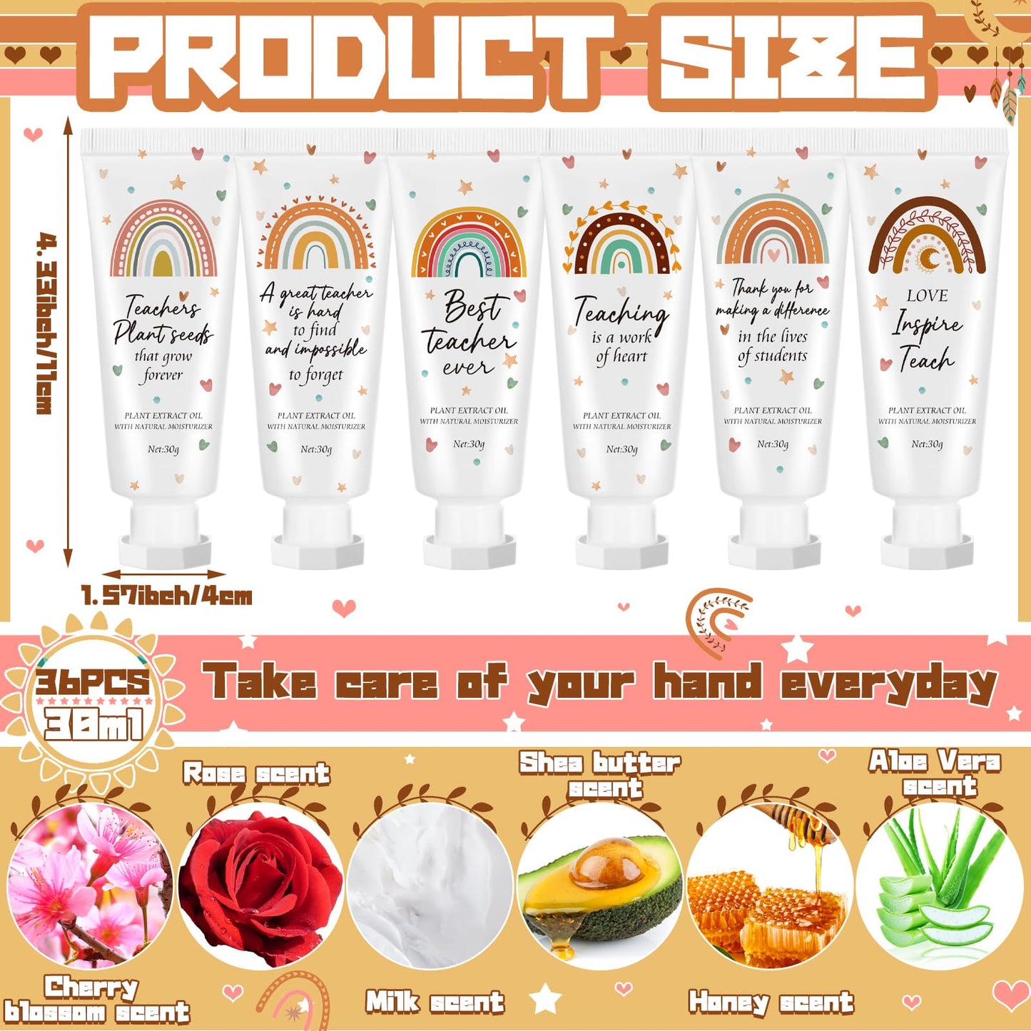 Dansib 36 Pcs Teacher Appreciation Gift Bulk Hand Cream Boho Rainbow Teacher Employee Staff Appreciation Hand Lotion Team Gift Bulk Travel Size Lotion Cream Moisturizing for Women Men Coworkers