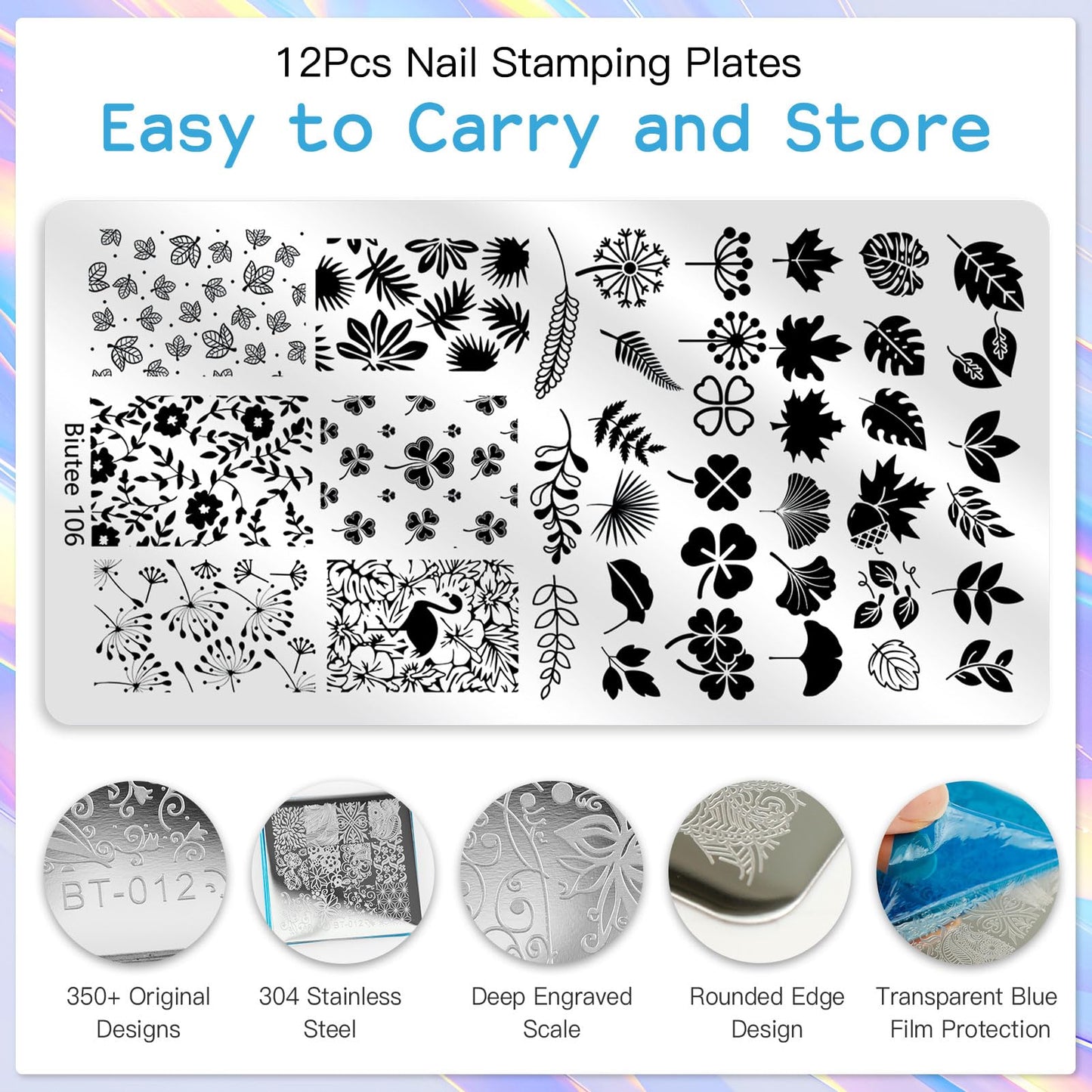 Biutee Nail Stamper Kit 12Pcs Nail Art Stamping Plate 8 Colors Stamp Polish Gel with Top Coat and Base Coat Set Silicone Stamper Scraper, Nail Stamp Plates Love Flower Butterfly Leaf Holiday Design