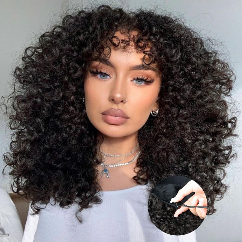 NOSTALGIA Afro Kinky Curly Half Wigs For Black Women 3 In 1 Half Wig Synthetic With Drawstring Afro Curly Glueless Flip Over Wigs Quick Install Beginner Friendly(Naturak Black 2#)