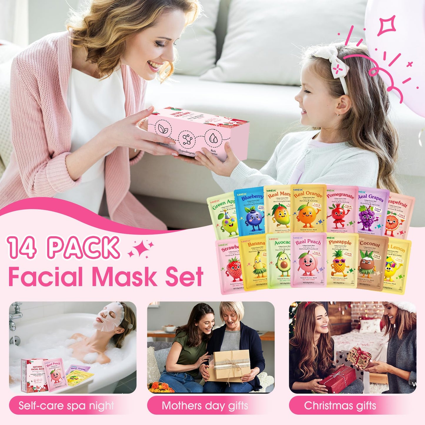 KONEUK Fruit Face Masks Skincare for Kids Teens Girls, Face Mask Skin Care