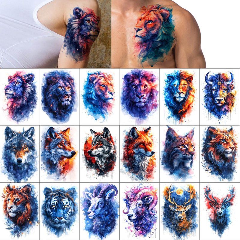 Temporary Tattoos for Adults - 18-Pack Realistic Animal Designs | Long-Lasting 3D Wolf, Lion, Tiger