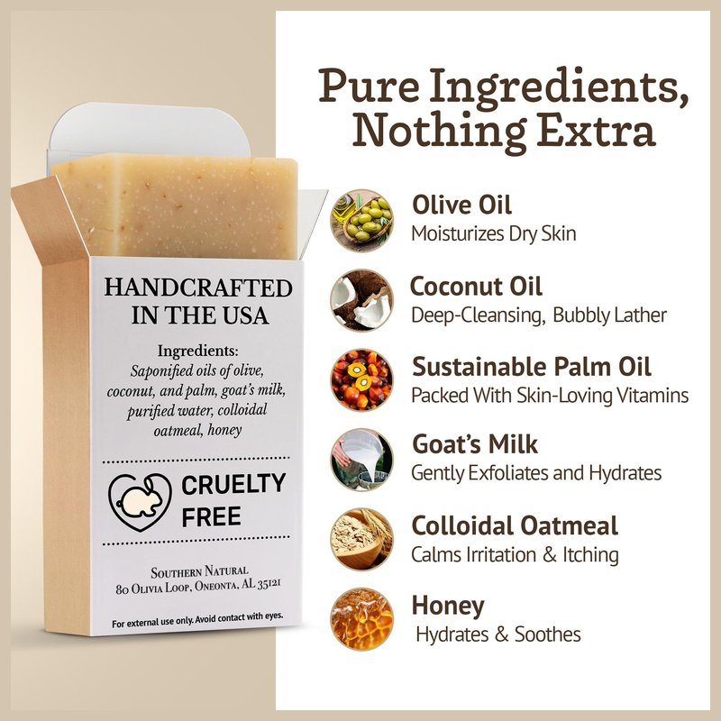 Southern Natural Oatmeal Soap Bar (3 Pack) Unscented Goat Milk Soap Bars With Colloidal Oatmeal & Honey. For Dry, Sensitive Skin. Fragrance Free Cleanser