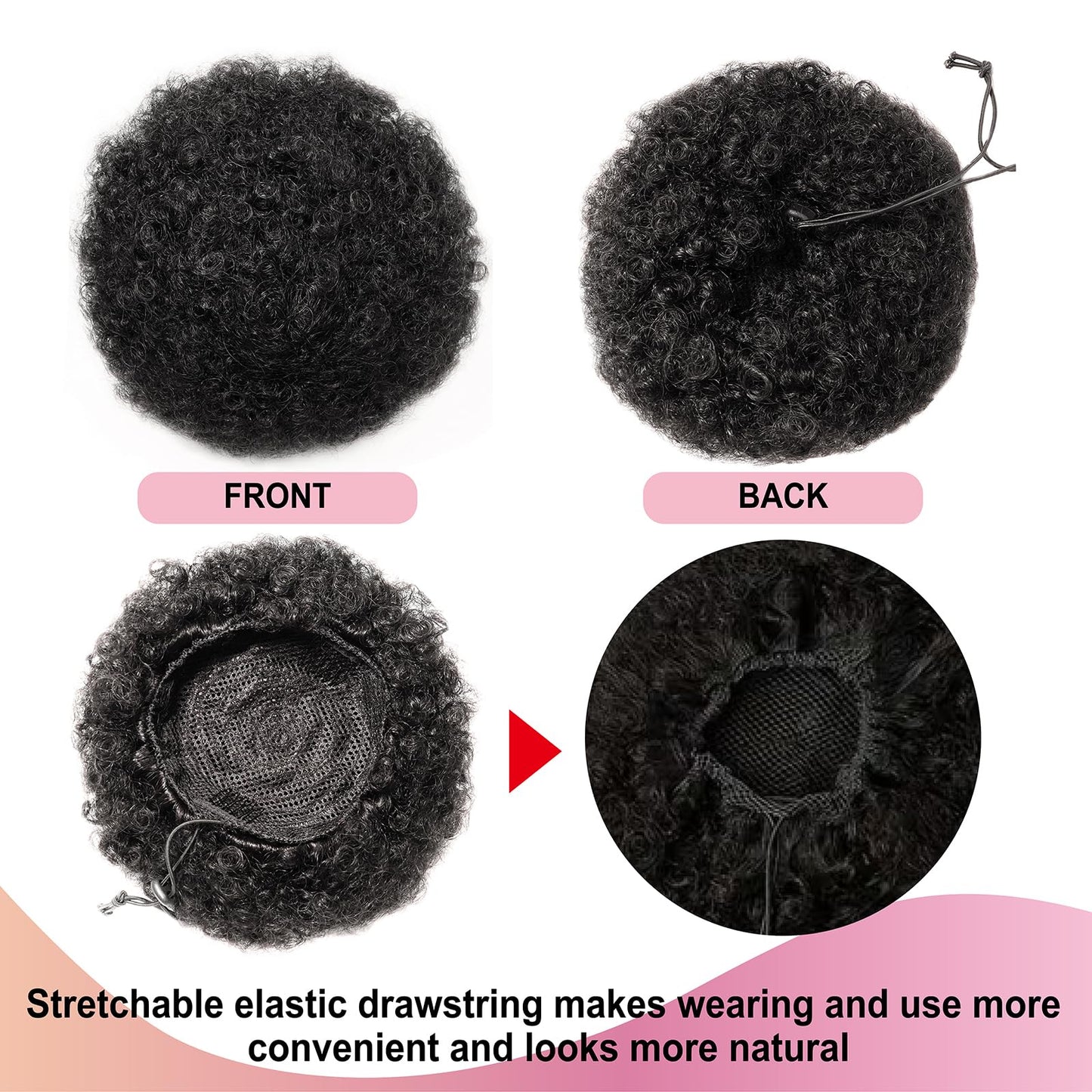 Afro Puff Ponytail Drawstring Extensions Wigs Real Human Hair for Girls Women, Natural Black Virgin Hair 8 Inch Afro Puff Hair Extensions Clip On Kinky Drawstring Curly Ponytail Bun Hairpiece Wigs