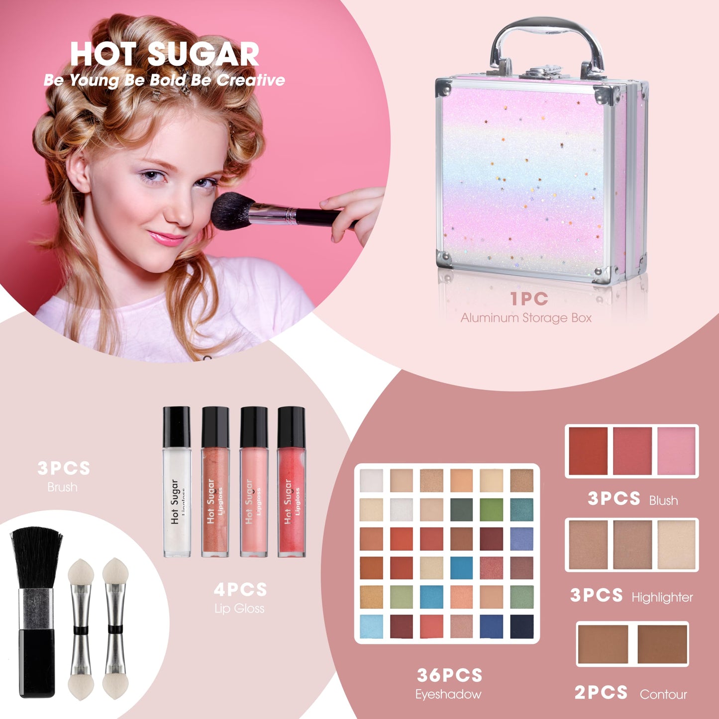 Hot Sugar Girls Makeup Kit for Teenagers 13-15 and Women Includes Eyeshadow Lip Gloss Blush Highlighter Bronzer Brush (Rainbow)