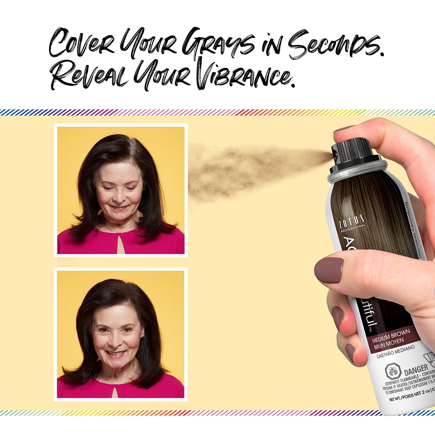 AGE beautiful Root Touch Up Hair Color Spray | Touch-Up Gray Concealer | Temporary Cover Up | Adds Volume & Covers Thinning Patches | Water, Sweat, Stain Resistant | Darkest Brown | 2 Fl Oz