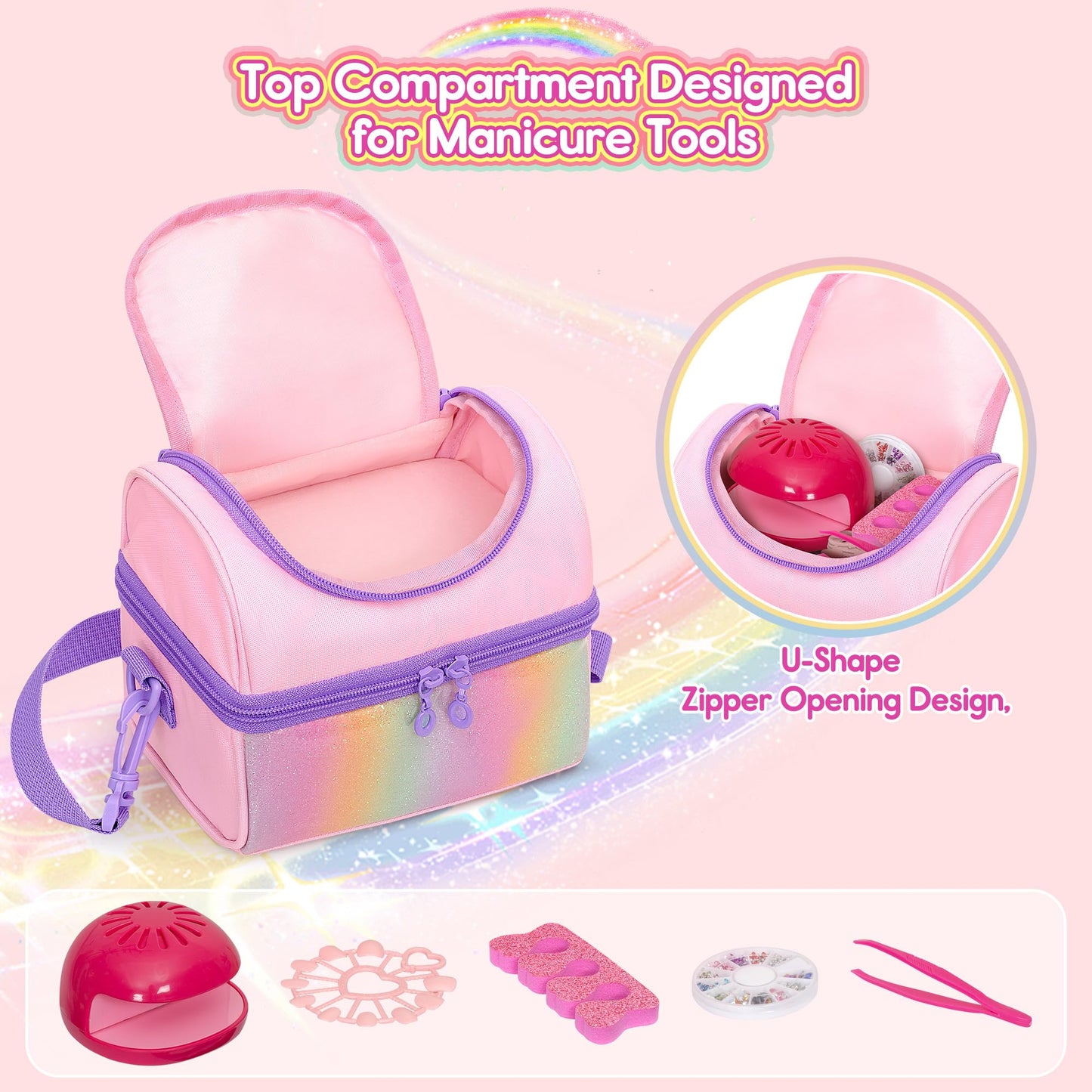 Kids Small Nail Polish Storage Holds 24 Bottles (0.15 fl oz - 0.17 fl oz), Double Layer Carrying Case for Nail Supplies, Rainbow Sequins Design, for Kids Girls Dress Up Play Travel, Pink, Case Only