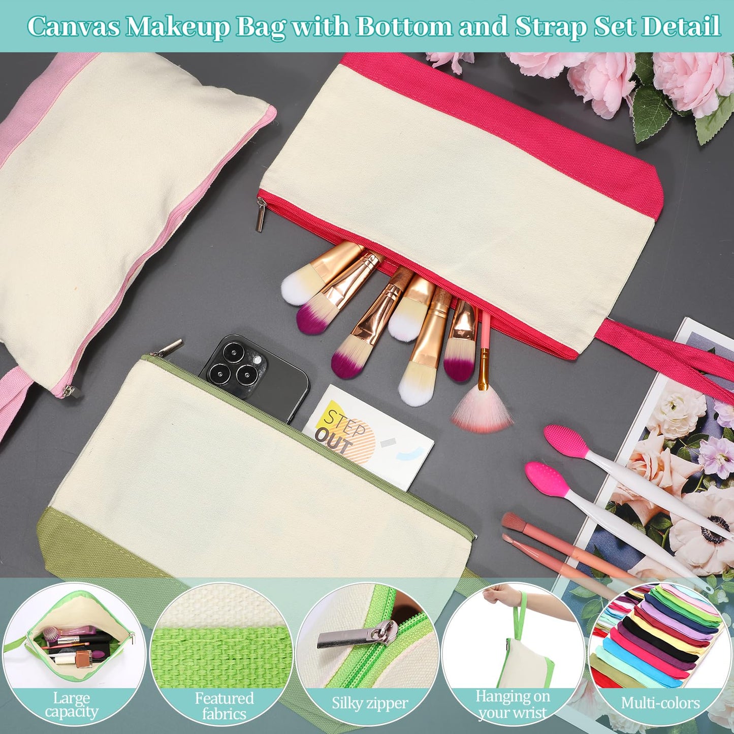 Silkfly 30 Pcs Cotton Canvas Makeup Bags Canvas Cosmetic Zipper Bags 10.2 x 5.5 x 2'' Blank DIY Pouch Bulk with Bottom Pencil Case Travel Toiletry Pouch for Women Gift (Cute)