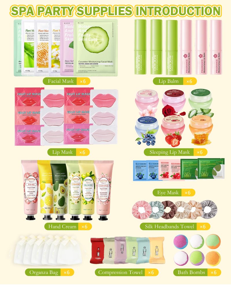 60 PCS Spa Party Supplies,Spa Party Favors kits Include Face Masks Skincare,Hand Cream, Lip Balm,Under Eye Patches,Lip Mask,Foot Bath Bombs,Women Ideal Gift Bulk Birthday Sleepover Spa Party