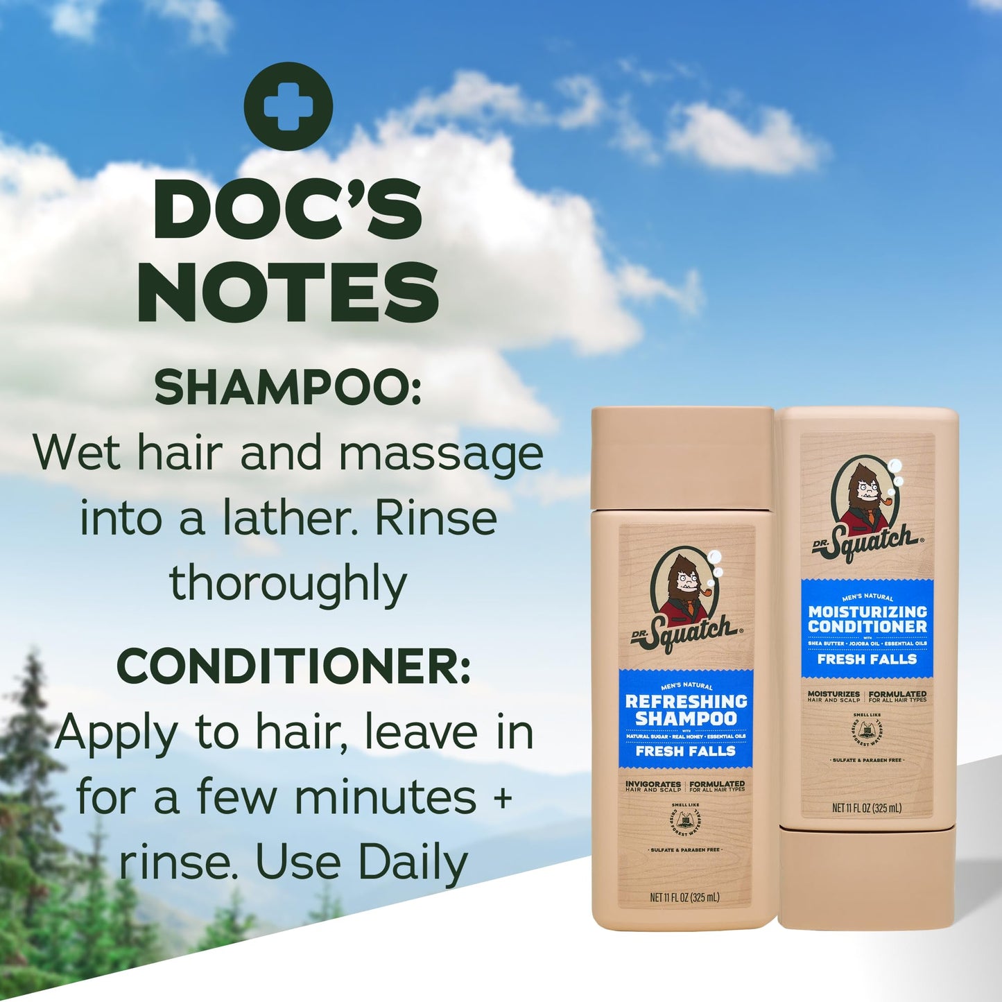 Dr. Squatch Men's Natural Shampoo and Conditioner Set – Sulfate & Paraben Free Natural Shampoo and Conditioner for Men – Scalp Nourishing Formula – Fresh Falls (11 fl oz, 2-Pack)