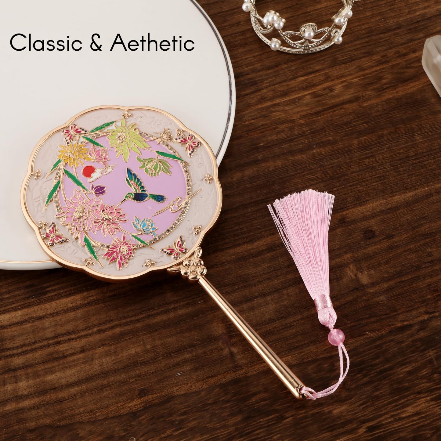 Hand Mirror, Handheld Mirror with Hummingbird Embossed Patterns (Metal), Unique Gifts for Women Birthday Gift for Women Mom Her, Elegant Cosmetic Mirror (Gold)