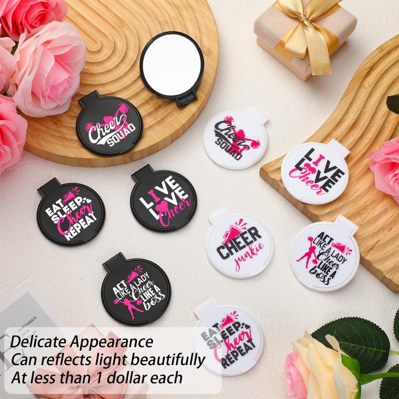 Wenqik 50 Pcs Cheerleader Mirror Gifts Bulk Cheerleading Compact Mirror Cheer Party Favors Folding Pocket Portable Makeup Mirrors for Football Rugby Game Team Friendship Gift(Pink Cheer)