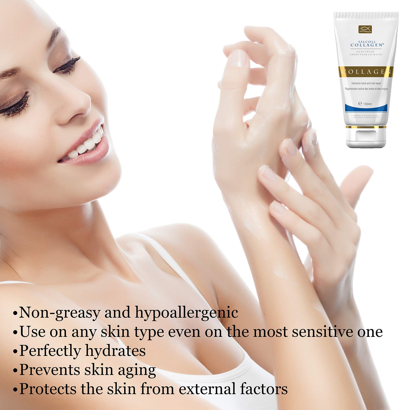 Salcoll Pure Bioactive Anti-Aging Collagen Repair Hand Cream - Hypoallergenic Moisturizing Lotion, Dry Skin Relief, All Skin Types, 150 ml