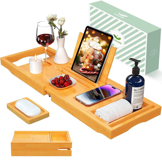 Artmalle Foldable Bathtub Tray for Tub, Bamboo Bathtub Caddy Tray Table with Book Stand for Luxury Bath, Bathroom Accessories for Women Men with Free Soap Dish (Semi-Simple, Natural) (Natural)