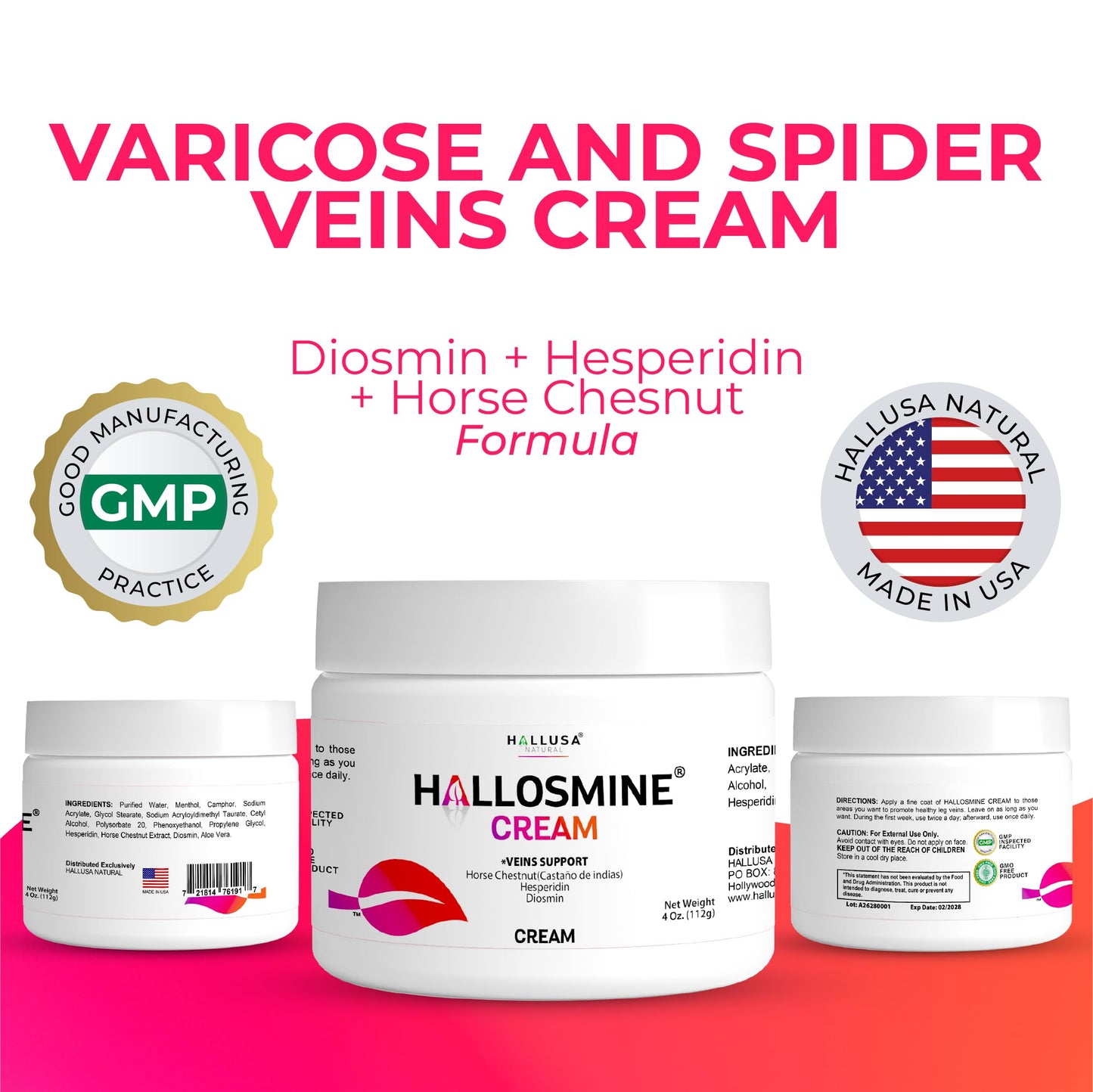 Hallusa Natural Hallosmine Leg Cream with Diosmin, Hesperidin, Horse Chestnut, Menthol & Aloe Vera | Daily Leg Comfort for Visible Veins, Swollen Feet, Ankles and Legs, 4oz (112g)