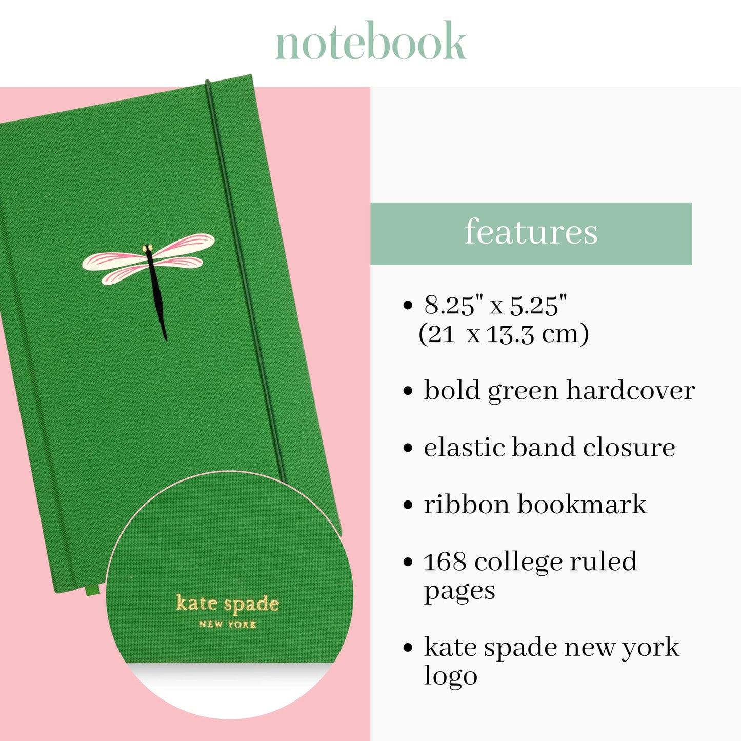 kate spade new york Take Note Large Notebook Journal, Green Cloth Hardcover Journal, Diary Includes 168 Lined Pages, Dragonfly Flight