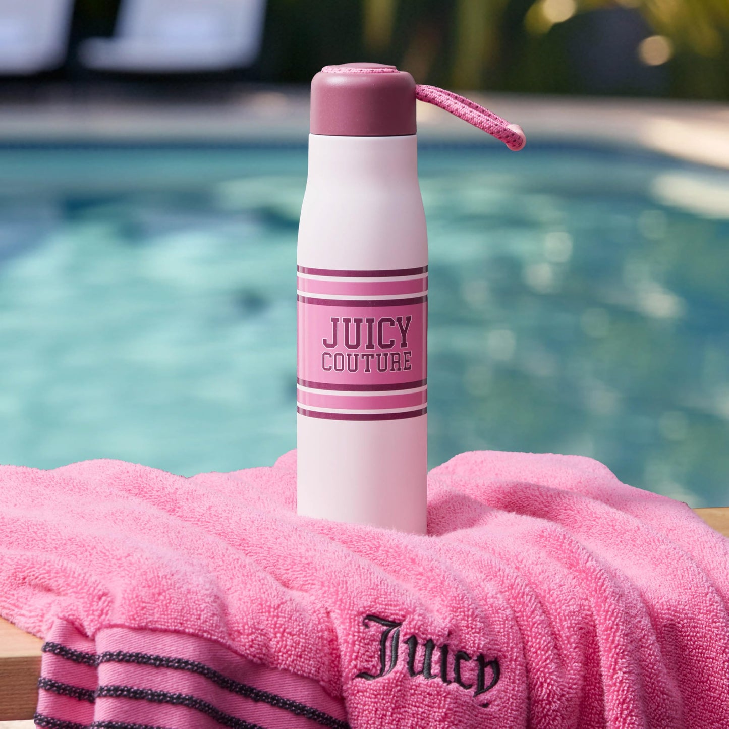 Juicy Couture Luxe Loop Varsity Logo 17oz Water Bottle with Woven Cord Handle, Pink