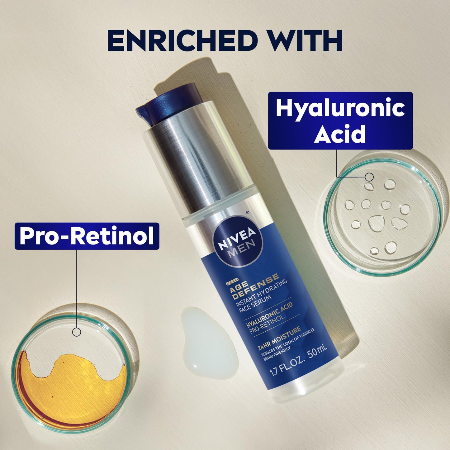 NIVEA MEN Age Defense Instant Hydrating Face Serum for Dry Skin, With Pro-Retinol and Hyaluronic Acid, Facial Serum Helps Reduce Look of Fine Lines and Wrinkles, 1.7 Fl Oz Bottle