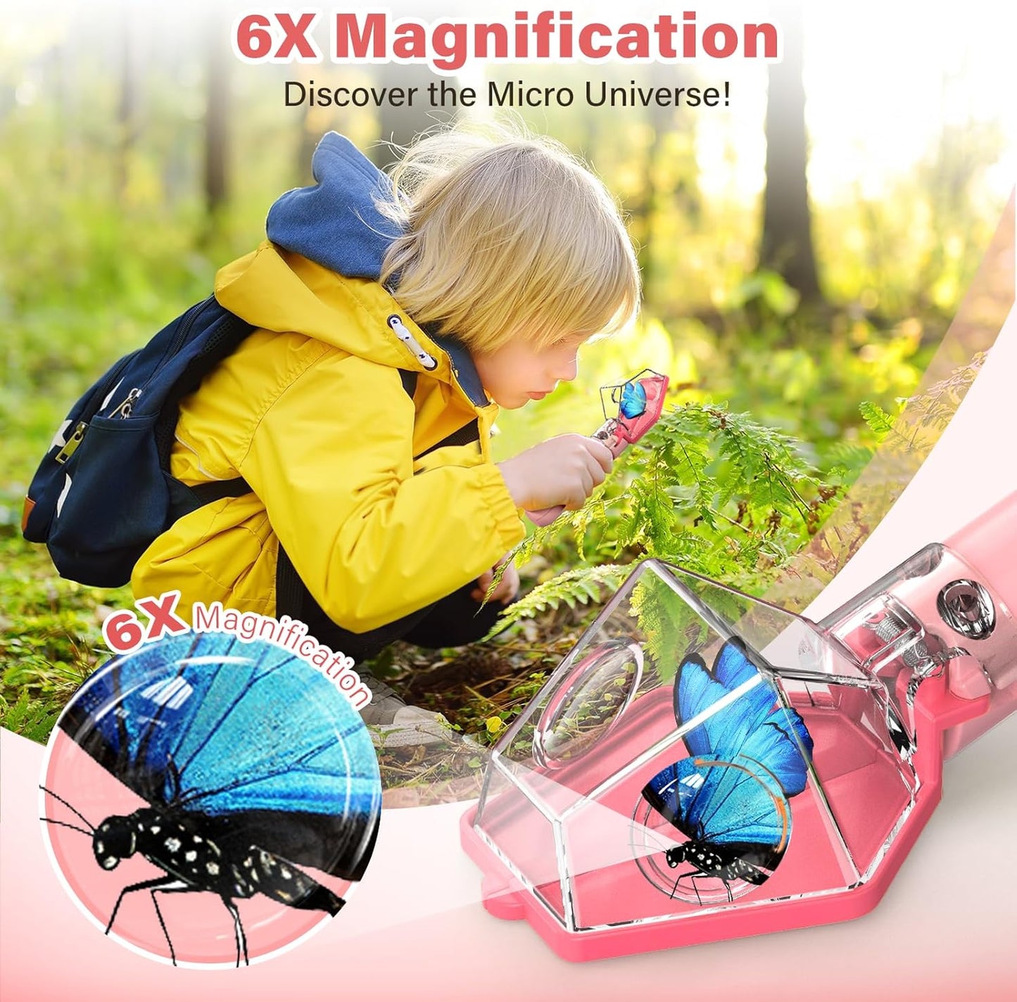 Insect Catcher Kit for Kids - STEM Bug Trap with 6X Magnifier | Indoor/Outdoor Exploration Tool (Pink, 2PCS)