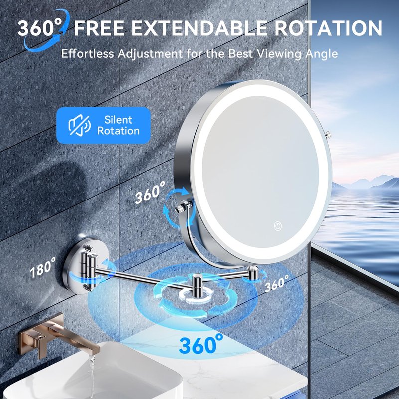 5000mAh Rechargeable Wall Mounted Lighted Makeup Mirror, 9'' 30X/1X Double-Sided Magnifying Mirror with Light, Bathroom Mirror Touch Dimmable 3 Colors 360° Rotation Extended Arm, Power Adapter