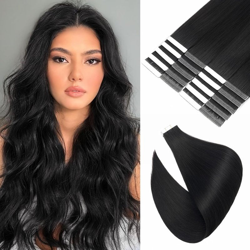 Tape In Hair Extensions - 20 Inch Human Hair - Seamless & Invisible | 50g, 20pcs - Jet Black