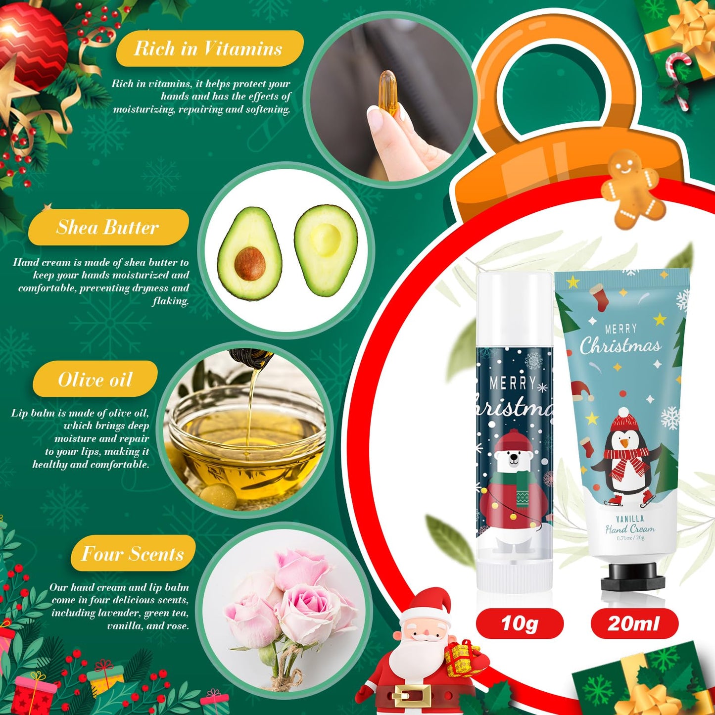 Heigble 12 Set Christmas Hand Cream Gift Set, Including Moisturizing Hand Lotion, Xmas Lip Balm, Gauze Bags, Thank You Cards Natural Fragrant Bulk Christmas Gifts for Coworkers Employees Stuffers