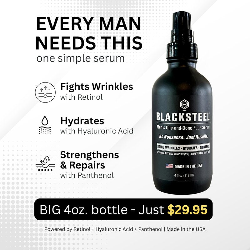 BLACKSTEEL Men's Anti-Aging Face Serum with Retinol & Hyaluronic Acid | One-Step Daily Wrinkle, Hydration & Firming Solution | Fast-Absorbing, Non-Greasy Skincare Made in USA | 4 oz Single Bottle