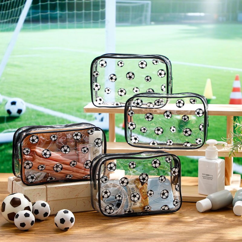 Kacctyen 12 Pcs Soccer Clear Makeup Bag with Zipper Bulk Sport Goodie Clear PVC Pouch Organizer Waterproof Travel Case for Woman Team Gifts Birthday Decorations Supplies