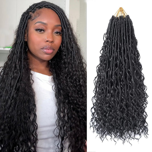 9 Packs Boho Faux Locs Crochet Hair 18Inch Goddess Locs with Curly Ends Long Bohemian River Pre Looped Faux Locs Crochet Hair for Black Women (18Inch,1B)