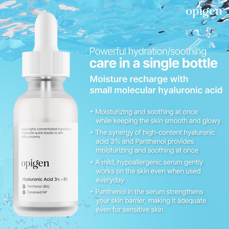 OPIGEN Hyaluronic Acid 3% + B5 Serum for Face with Panthenol, Ceramide, Intense Hydration, facial moisturizer, Visibly Plumped Skin 1oz Korean Skin Care