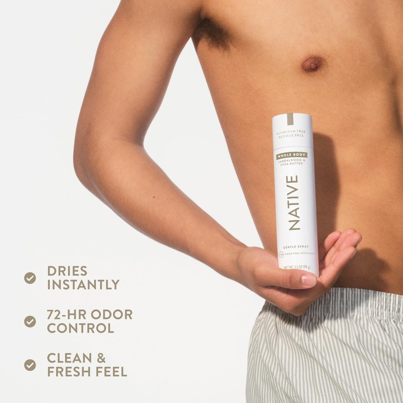Native Whole Body Deodorant Spray, Sandalwood & Shea Butter Scent, 72 Hour Odor Control for Pits, Privates & More, Aluminum Free, Quick-Drying Deodorant for Men & Women, 3.5 oz