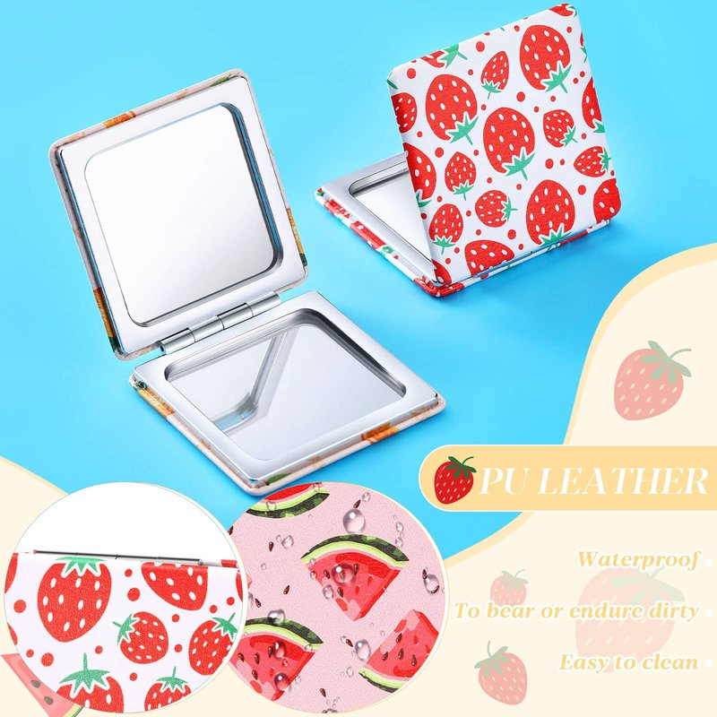Vicenpal Compact Mirror Small Pocket Fruit Design Mini Magnifying Portable Makeup Compact PU Leather Double Sidepocket Mirror for Mother's Day Women Party Baby Shower Gifts(Square Style)